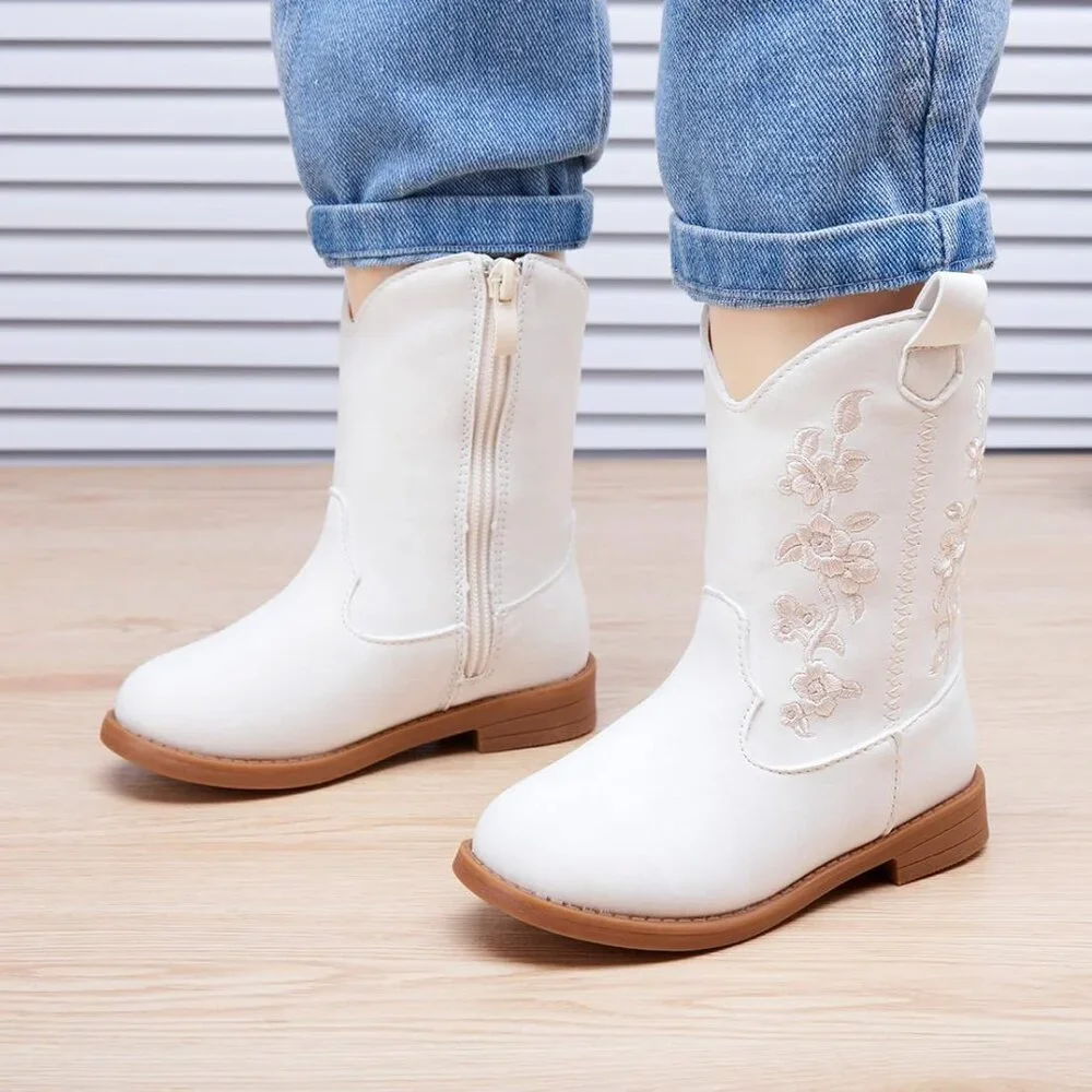 ⚡Girls 4-white Microfiber Little Kids Mid Calf Western Pointed Toe Riding Boots